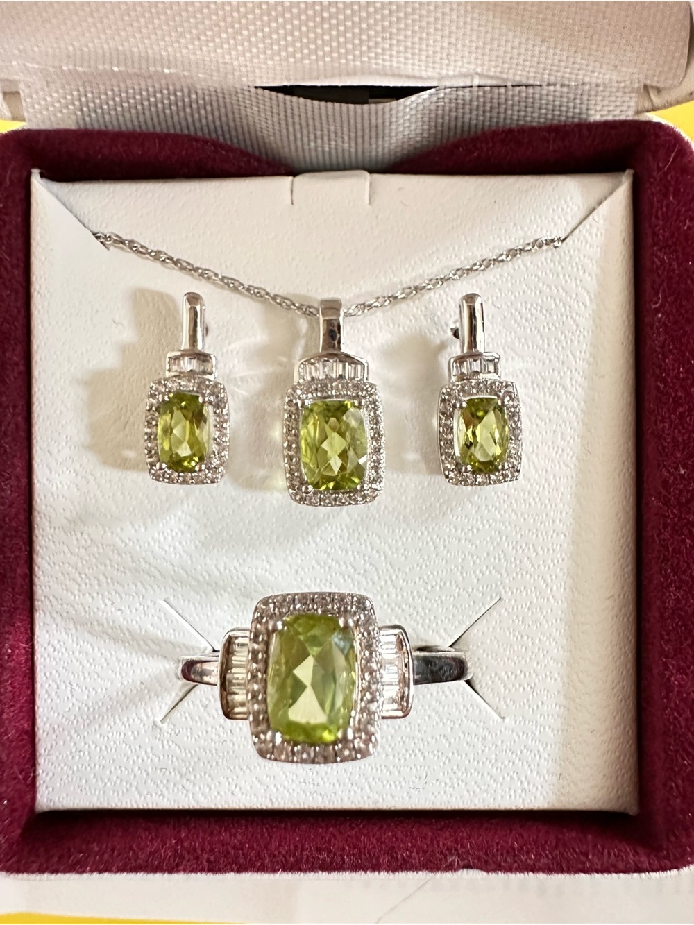 Peridot, Lab Created White Sapphire Ring, Earring, Pendant Set Sterling Silver